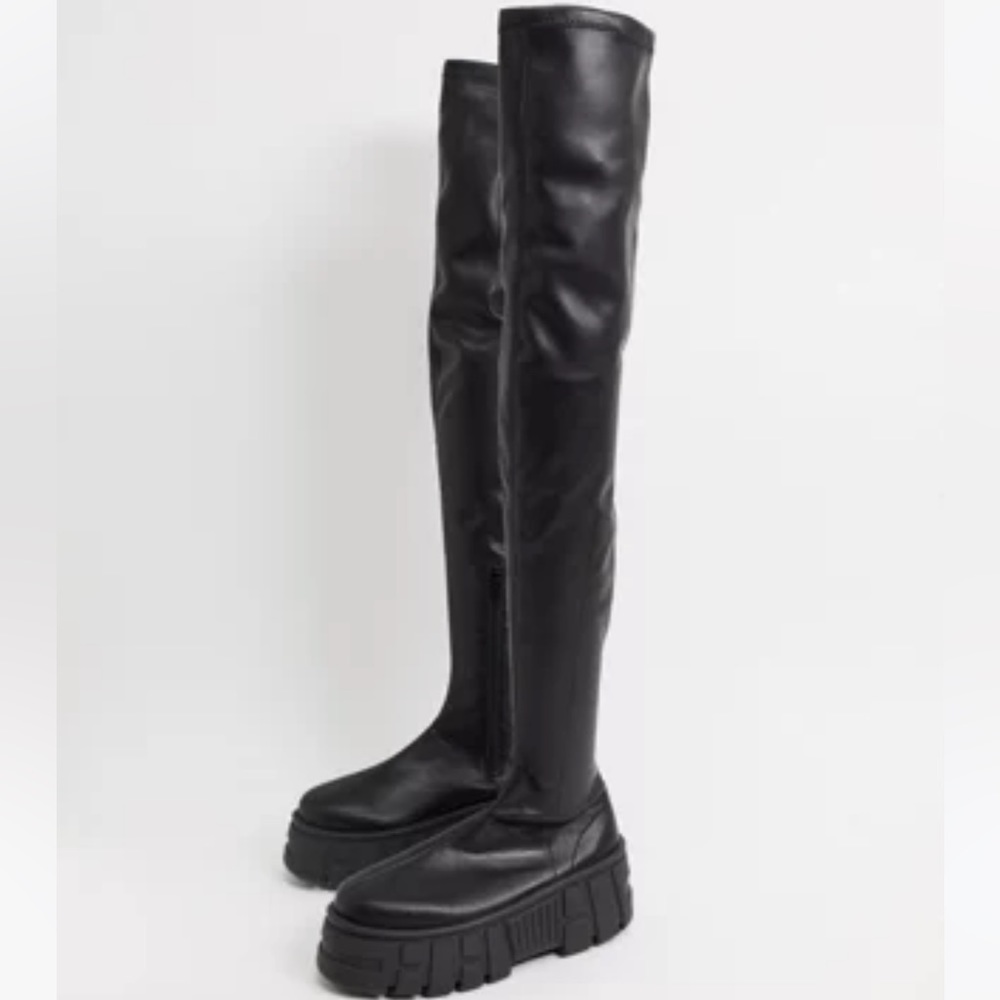 ASOS NWT Kellie Black Thigh High Chunky Black Boots Metal Goth Sz 9/40